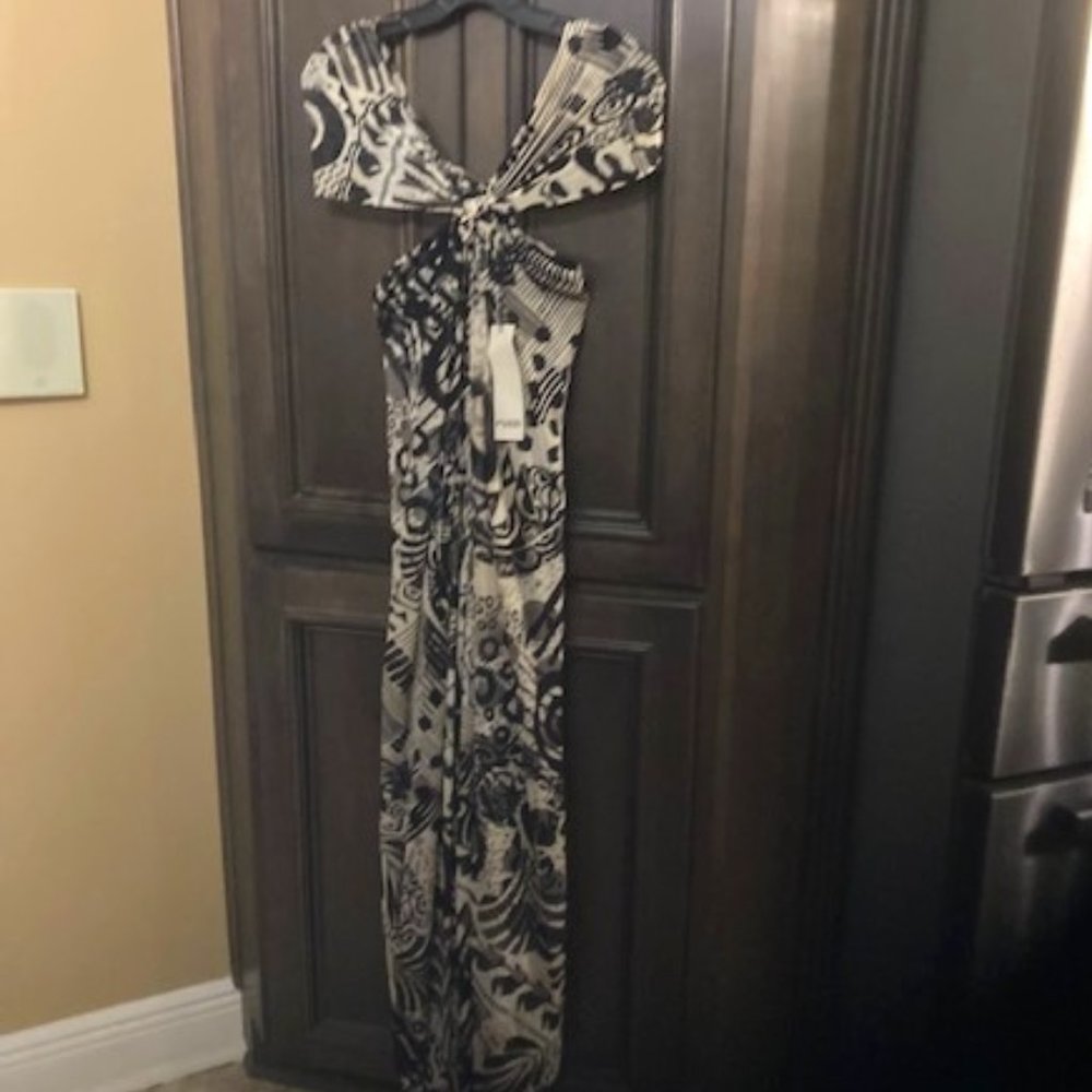 FUZZI Tulle Mesh Knit Abstract Zodiac Print Twist V-Neck Cap Sleeve Maxi Dress